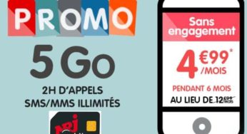 Forfait NRJ Mobile 5Go à 4,99€ + 2h appels + SMS/MMS illimitée (pendant 6 mois) sans engagement