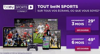 Abonnement pas cher beIN Sports : 3 mois = 29€ (au lieu de 45€) / 6 mois = 49€ (au lieu de 90€) / 12 mois = 68€ (au lieu de 168€)