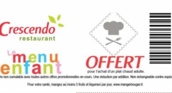 Coupon Cafétéria Crescendo : 1 plat adulte acheté = 1 menu enfant gratuit (13 septembre)