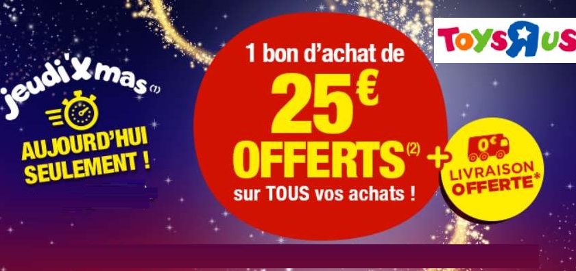 1 bon d’achat de 25€ offerts pour 100€ d’achat sur Toys’R US