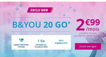 Seulement 2,99€ le forfait B&YOU 20Go (appels/SMS/MMS illimités) sans engagement