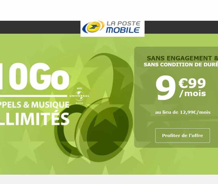 9,99€ La Poste Mobile Forfait 10go à 9,99€ à vie