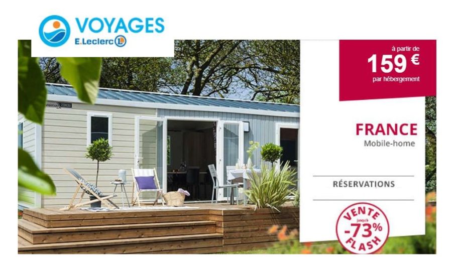 Vente flash mobilhome Leclerc Voyages jusqu’à 75 dés 159€ les 7 nuits