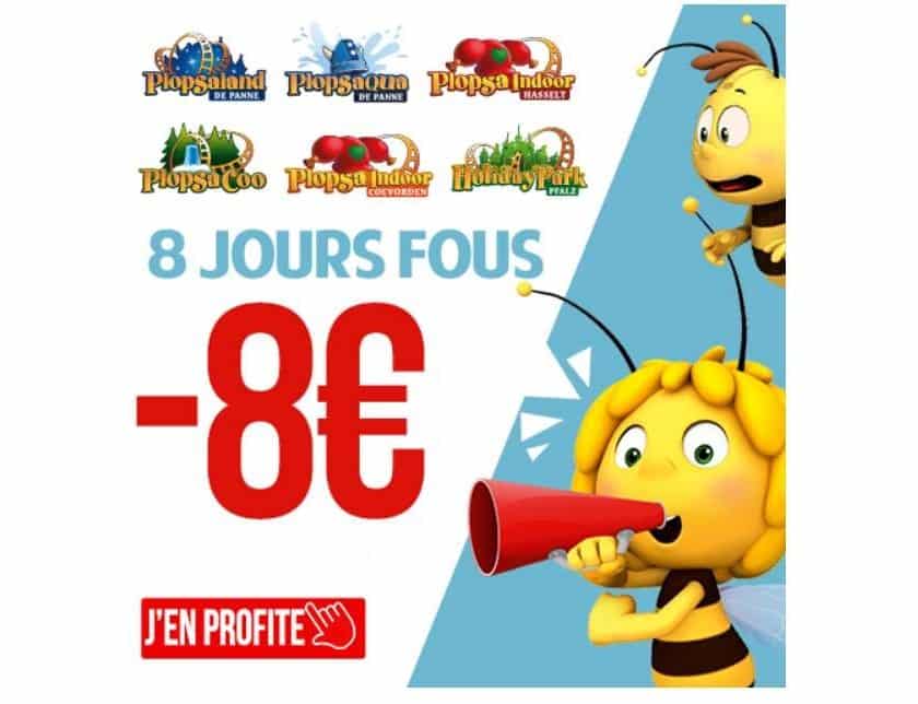 8 Jours Fous Plopsa -8€ entrée Plopsaland, Plopsaqua, Plopsa Indoor, Plopsa Coo et Holiday Park