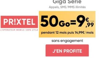 Vente Flash forfait Prixtel 50Go pour 9,99€/mois en tout illimité (réseau Orange ou SFR au choix) pendant 12 mois – DERNIER JOUR