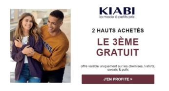 2 hauts achetés sur Kiabi = le 3e gratuit (femme, homme et enfant)