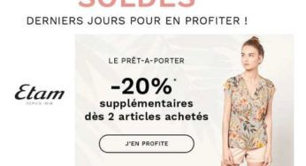 Jusqu’à -70% + 20% supplémentaire sur les soldes prêt-à-porter ETAM (dès 2 articles)