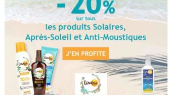 20% de remise sur tous les produits solaires, après-solaire et antimoustique Lovea (naturels et bio)