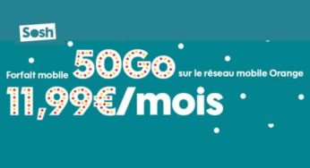 11,99€ Forfait 50Go SOSH Appels (dont fixe Europe, USA, Canada), SMS (dont Europe) illimités au lieu de 24,99€