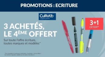 3 achetés = le quatrième offert sur tout le rayon écriture Cultura (stylo, crayon couleur, feutres…)