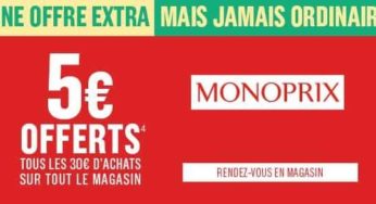 Coupon de réduction Monoprix : 5€ de remise tous les 30€ d’achats (en magasin Monoprix ou monop’)