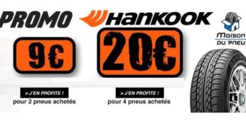 Réduction immédiate jusqu’à 20 € sur l’achat de pneus Hankook (2 pneus = 9€ / 4 pneus = 20€)