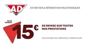 15€ de reduction sur une prestation dans un garage AD (2000 garages et de carrosseries indépendants)