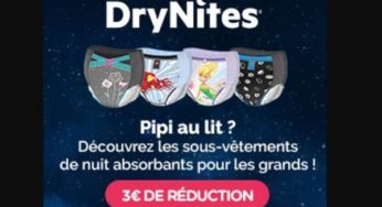 Bons de réduction DryNites : -3€ sur les sous-vêtements de nuit absorbants et alèses jetables