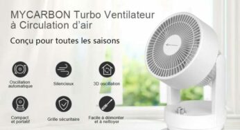 24,99€ petit et puissant ventilateur oscillant MYCARBON 35W (oscillation verticale et horizontale)