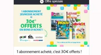 1 abonnement magazine jeunesse acheté = 30€ offerts en bon d’achat avec Prismashop (Picoti, Picsou, Tobbogan, Mon Quotidien, Géo…)