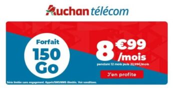 Auchan Telecom : forfait 150 Go à 8,99 € par mois pendant un an sans engagement