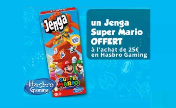 1 Jenga Super Mario gratuit (valeur 24,98€) pour l’achat de 25€ de jeux Hasbro Gaming