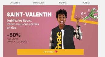 Vente flash Saint-Valentin Fnac Spectacles : 1 place achetée = 50% de remise sur la seconde