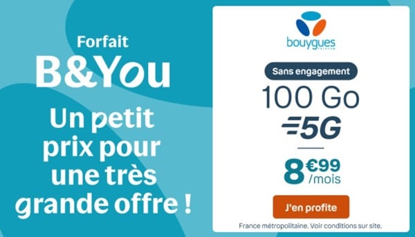 Offre B&YOU forfait 100Go en 5G : 8,99€/mois appels & SMS/MMS illimités (dont 25Go Europe/DOM)