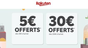 Remise de 5€ sur Rakuten à partir de 29€ ou 30€ à partir de 299€ (aujourd’hui)