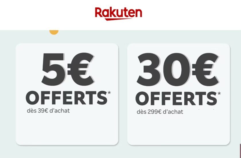 remise de 5€ sur rakuten à partir de 29€ ou 30€ à partir de 299€