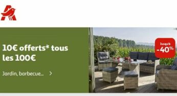 -10€ tous les 100€ d’achat d’articles aménagement de la maison Auchan (jardin, brico, electro, meubles…)