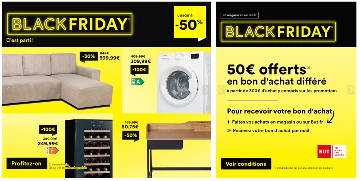 black friday but 50€ offered as a voucher from 300€ of purchase and promotions up to 50%