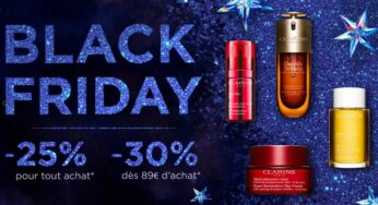 Black Friday de Clarins = -25% sans minimum d’achat sur tout (-30% dès 89€)