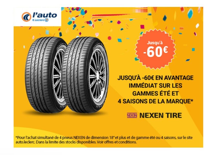 Jusqu'à 60€ de remises immédiates pour l'achat de pneus Nexen Tires sur E. Leclerc Auto